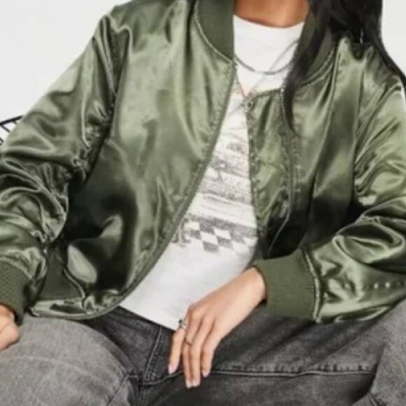 Topshop Dark Moss Green Satin Bomber Jacket Women's Size 4 - Picture 1 of 11